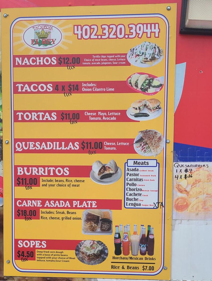 Taqueria El Rey menu board